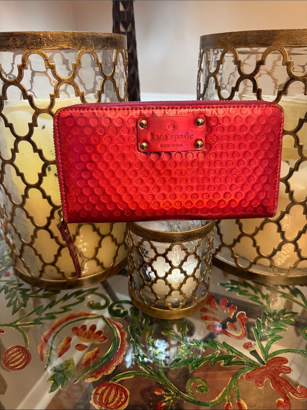 kate spade Red Textured Circle Zip-Around Wallet